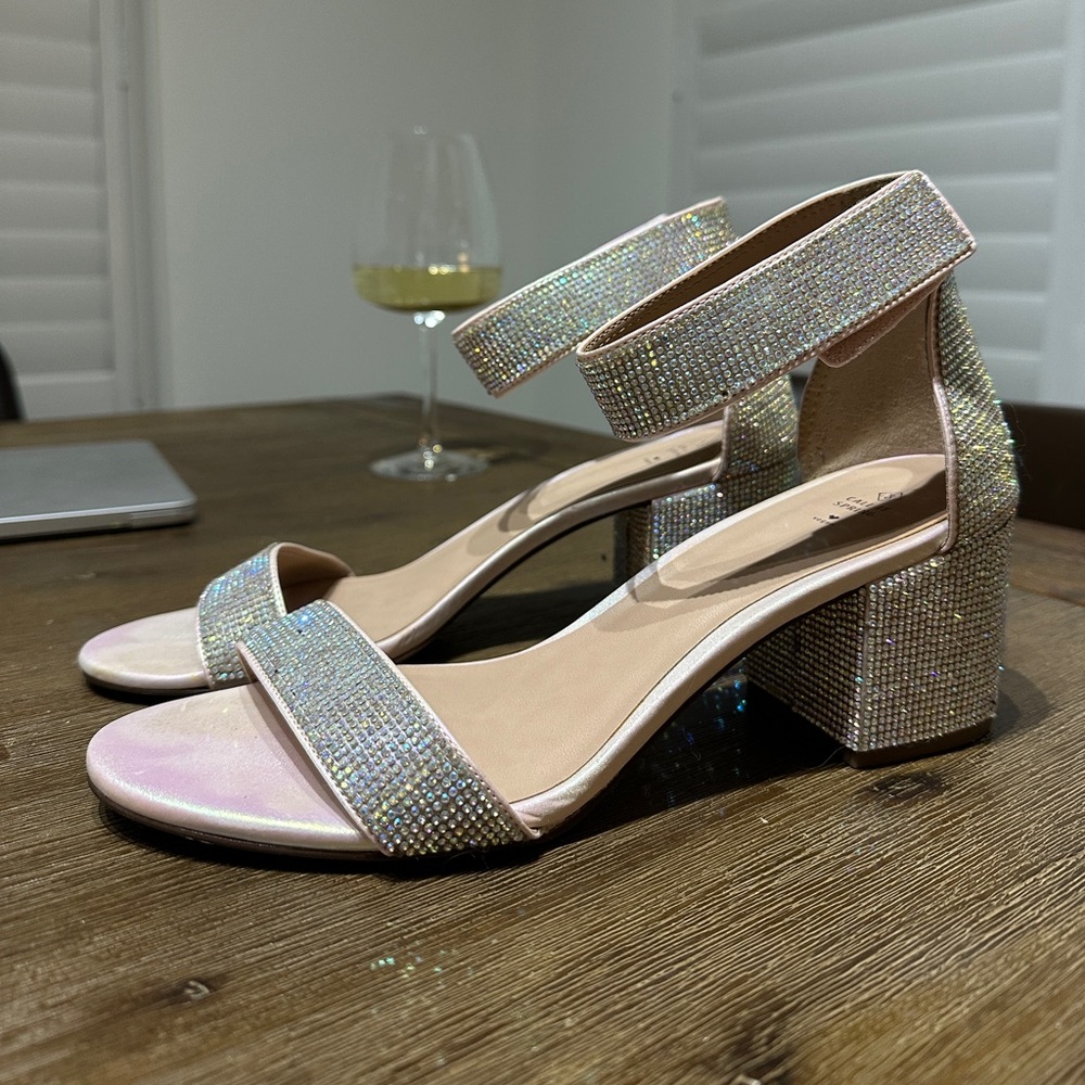Call It Spring Iridescent Crystal Block Heel Sandals